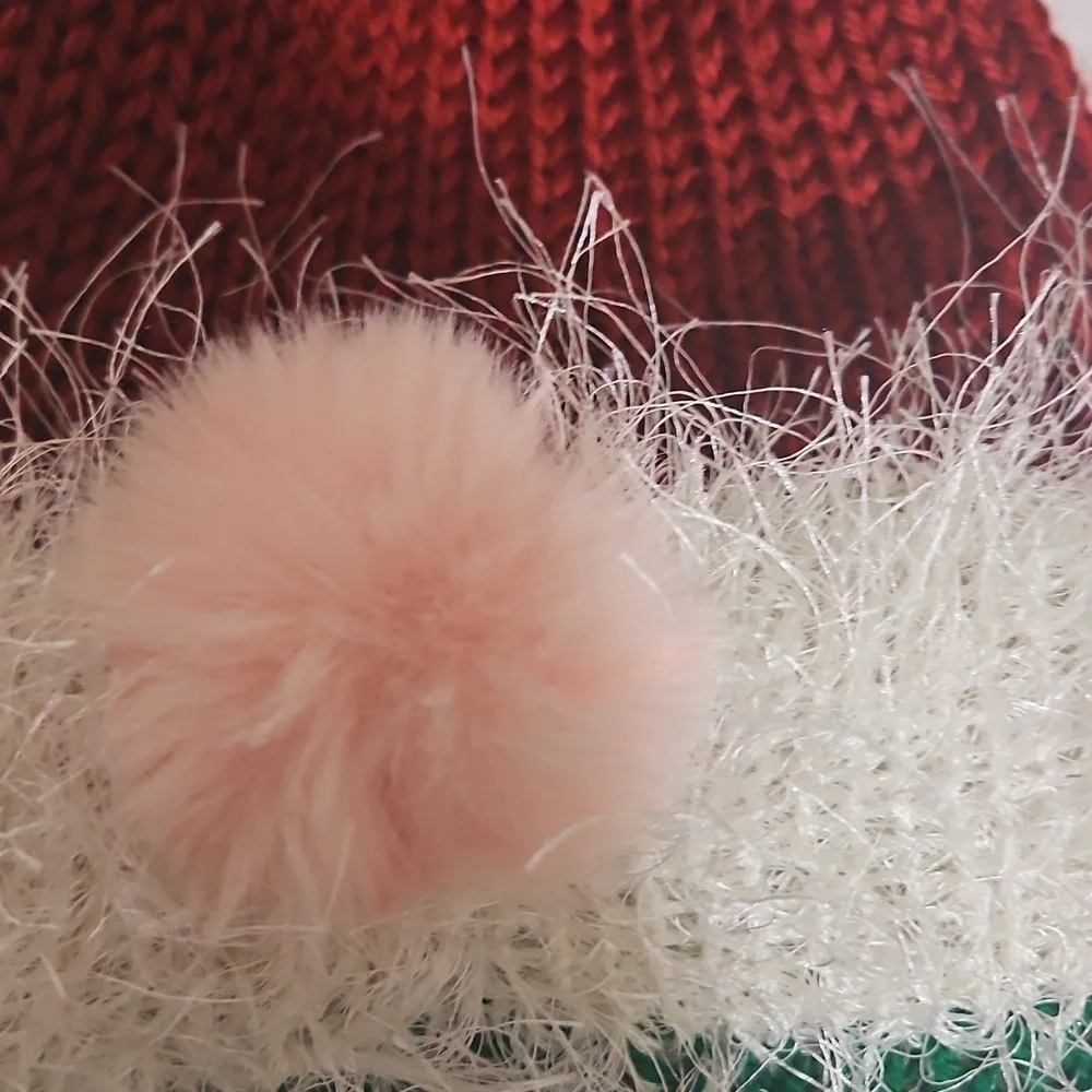 Hand Crafted Kids Festive Red Green Knit  Gnome Hat Faux Fur Beanie Hat Crochet